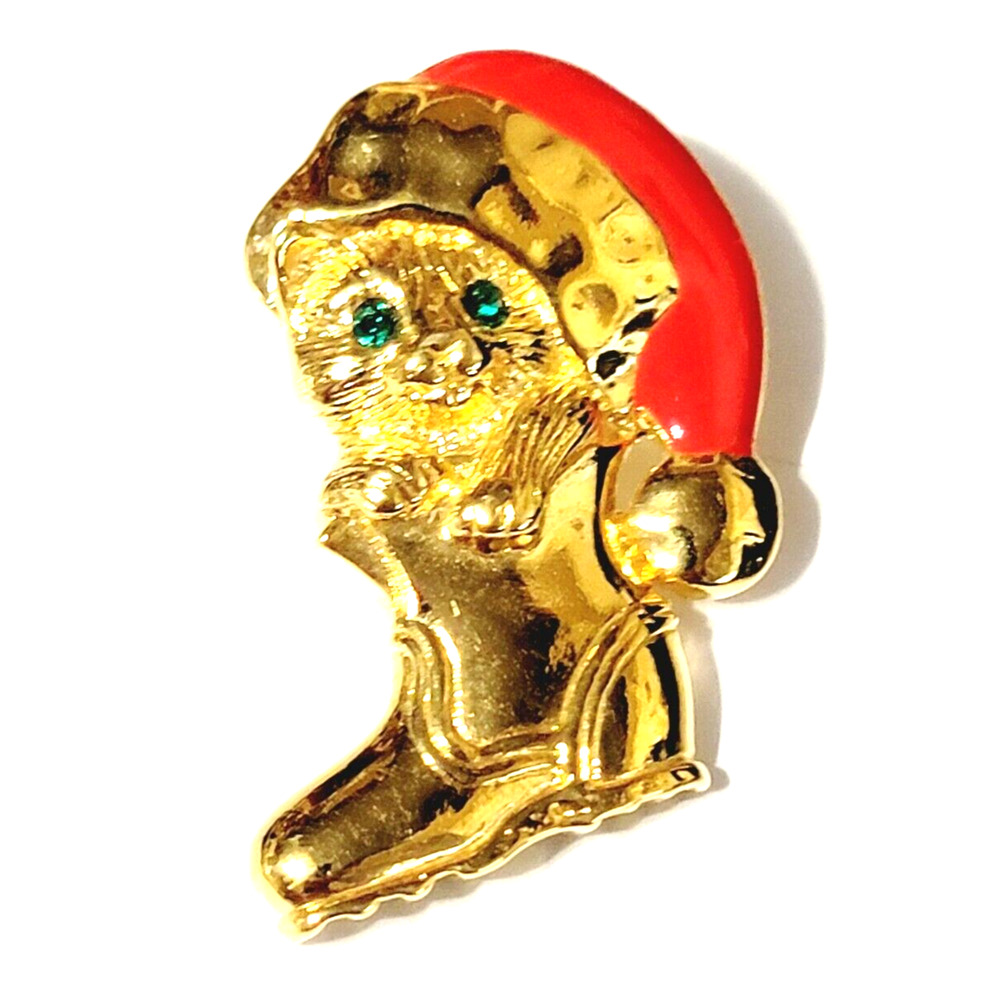 Christmas Cat Brooch Pin 1.75" Red Enamel Gold-tone Holiday Santa‎ Hat h-9
